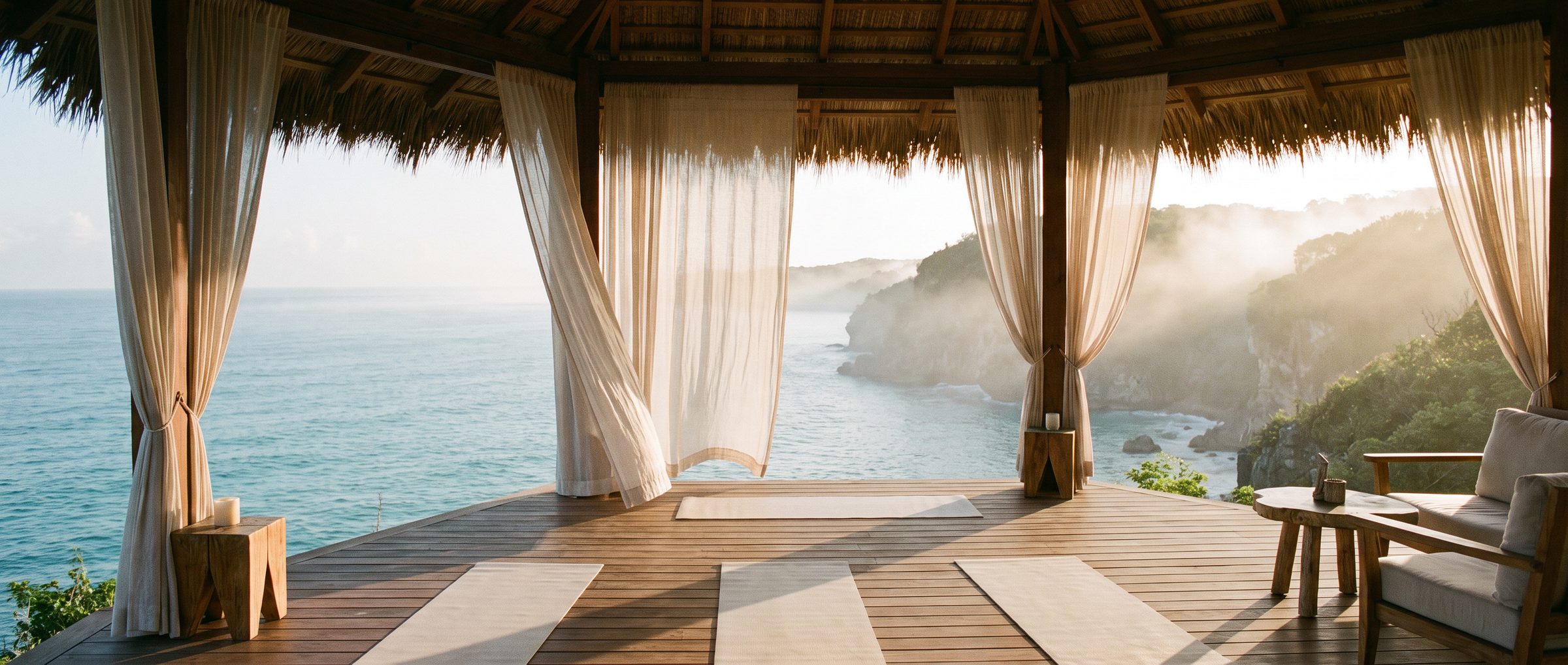 Open-sided pavilion with yoga mats laid out above the sea at golden hour